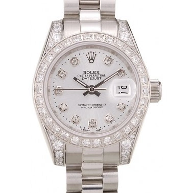 Aaa replica Brushed White DateJust Rolex Diamond Plated Dial Steel Case Diamond Stainless Bezel Plated 0816